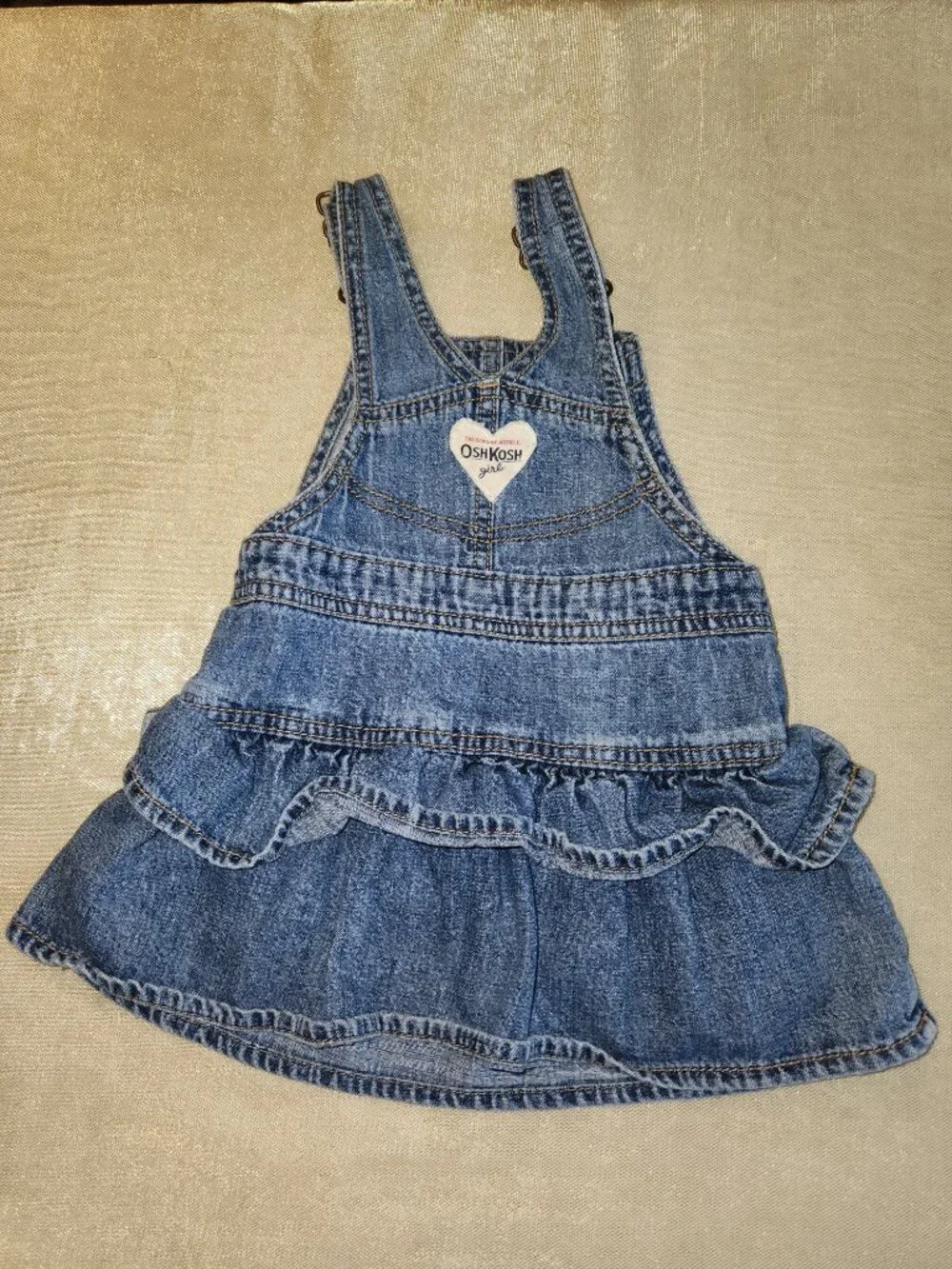 OshKosh B'gosh Girls Denim Jumper Dress Ruffle Tiered Heart 18 Months
